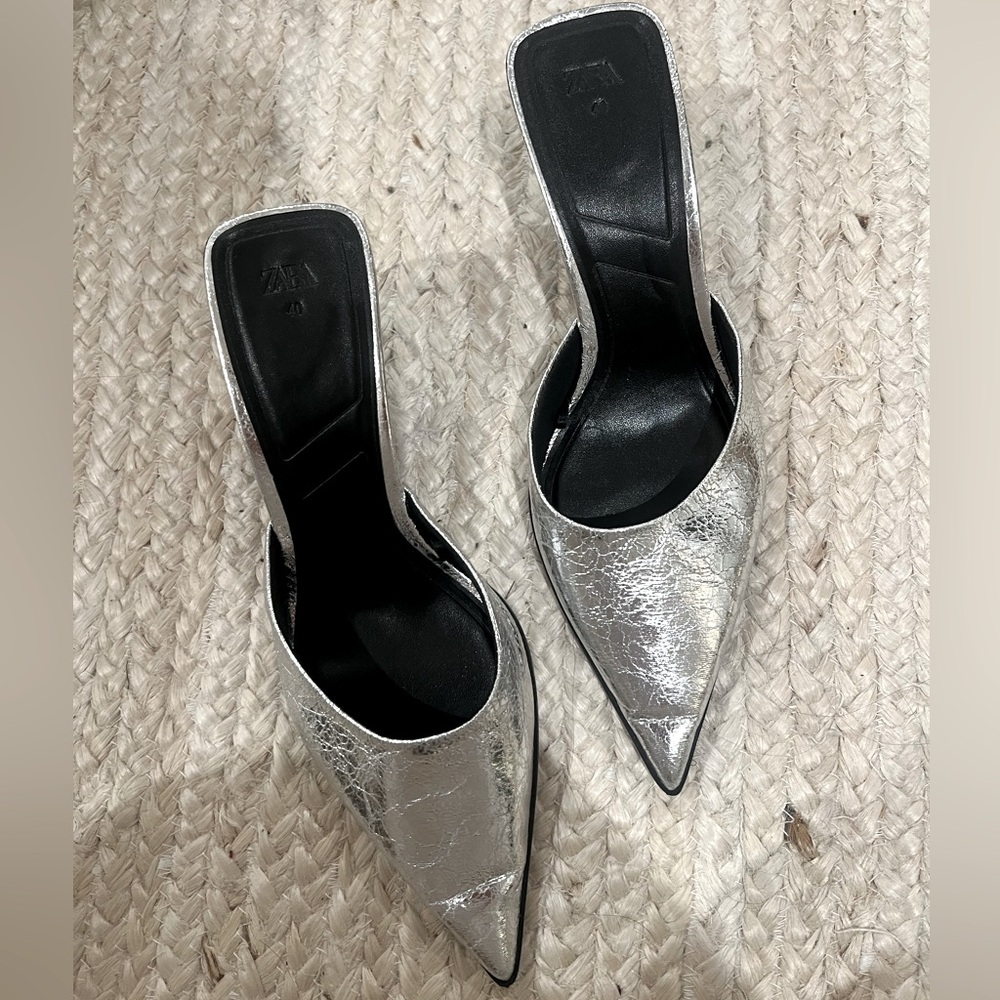 Zara Metallic Silver Pointed-Toe Women’s Kitten Heels